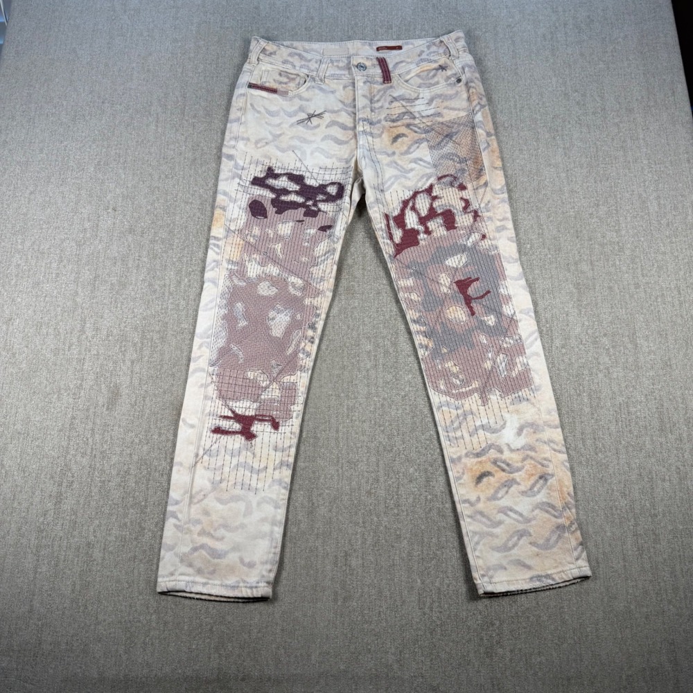 Pilcro Slim Boyfriend Jeans Womens 27 Tan Cream Patchwork Embroidered Abstract